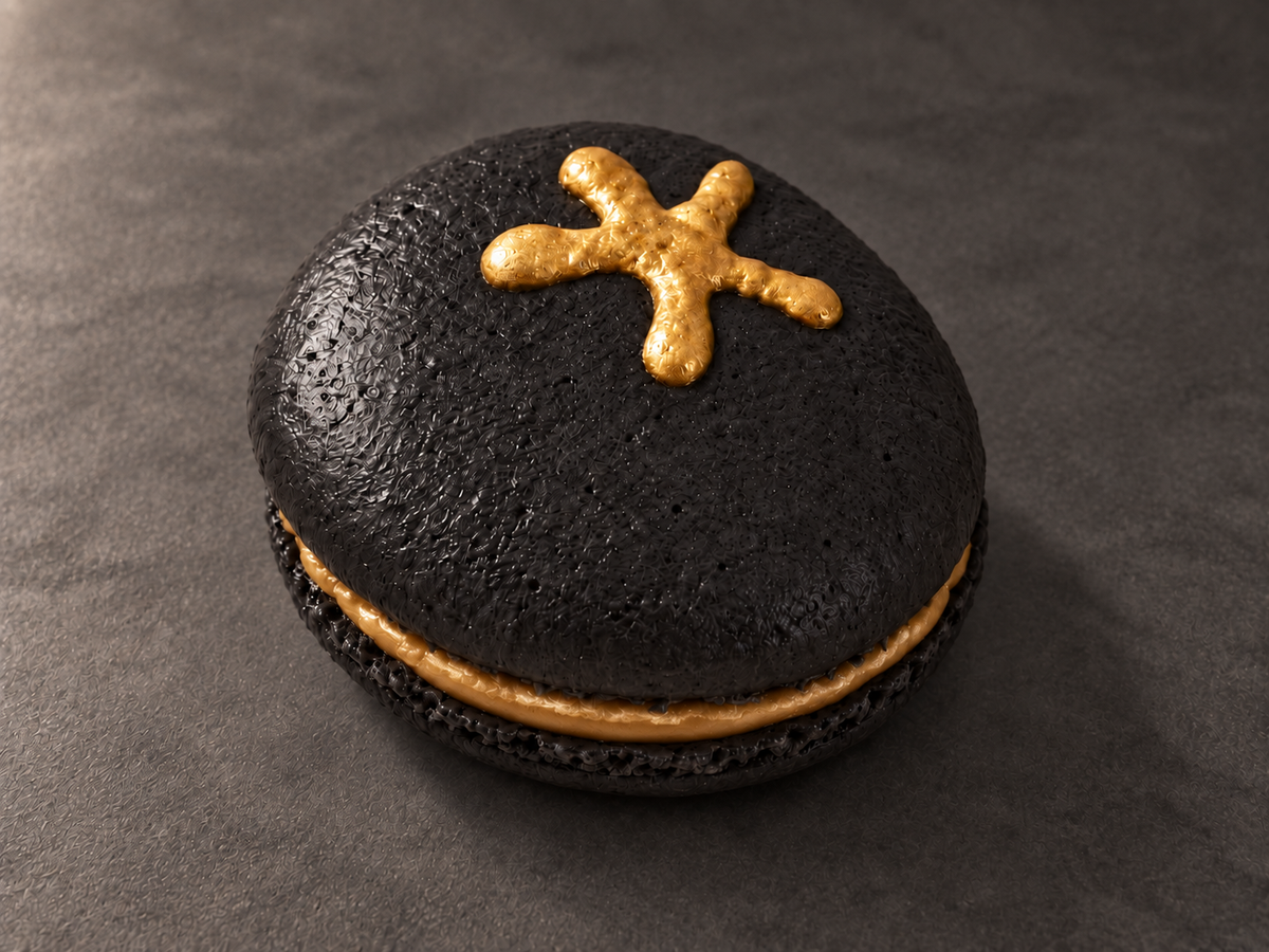 Gilded Midnight Tomato Macarons
