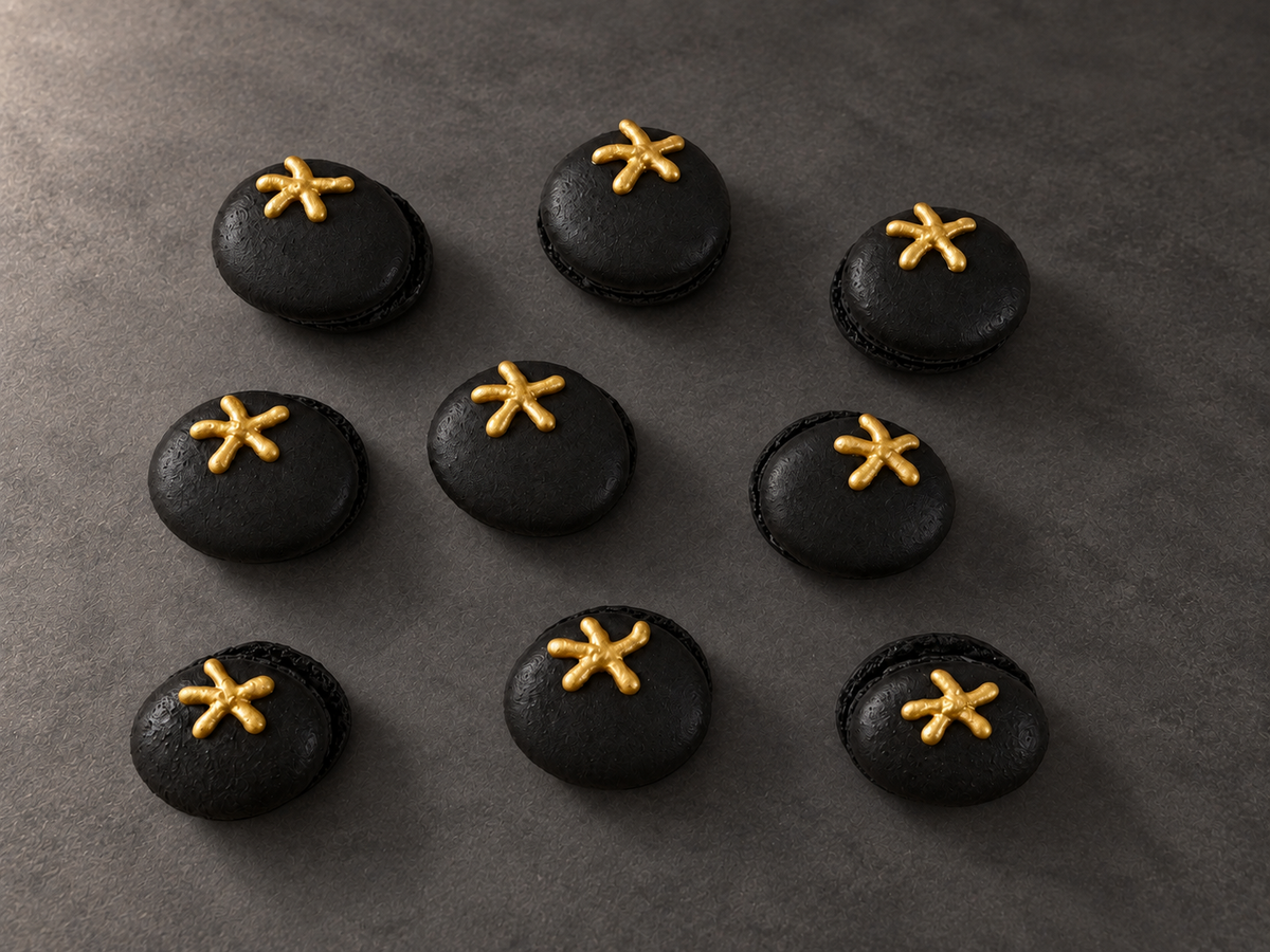 Gilded Midnight Tomato Macarons
