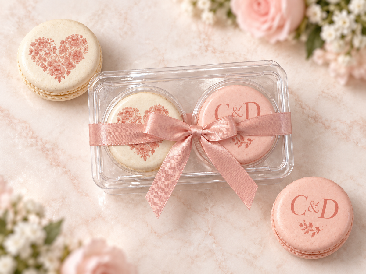 Blush Pink Wedding Macaron Favors, Personalized Initials, Ivory and Pink 2 Macaron Gift Box