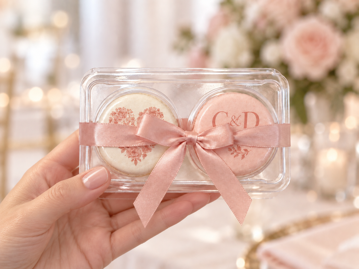 Blush Pink Wedding Macaron Favors, Personalized Initials, Ivory and Pink 2 Macaron Gift Box