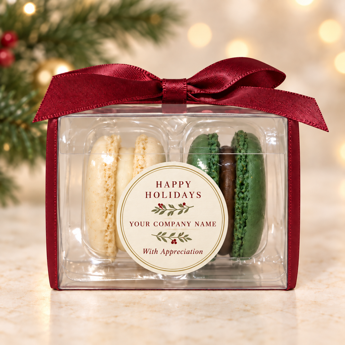Holiday Appreciation | Personalized Macaron Favors for Corporate Parties & Client Gifts
