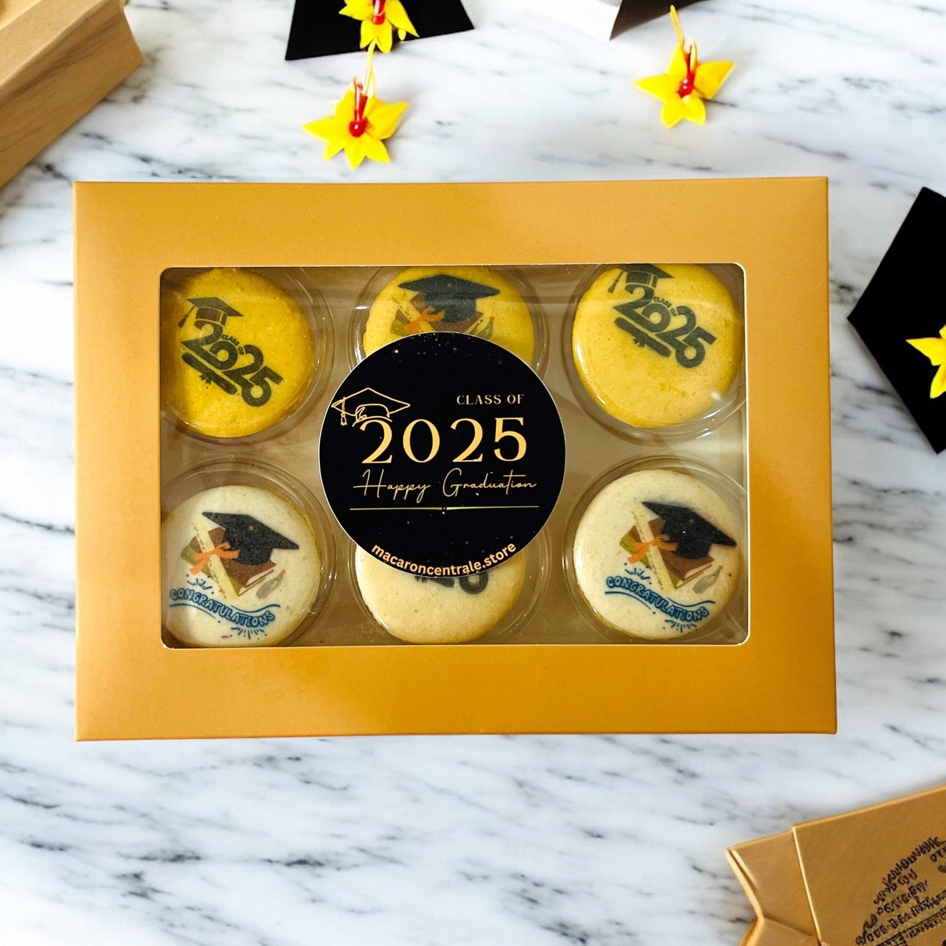 Class of 2025 French Macaron Box | Available in 6 & 12 Pack | Graduation Themed Macarons - Macaron CentraleGraduationsDefault flavors - Vanilla & Caramel6 Pack