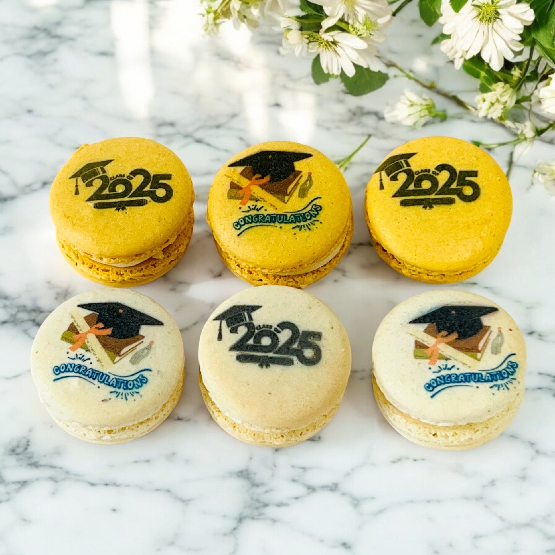 Class of 2025 French Macaron Box | Available in 6 & 12 Pack | Graduation Themed Macarons - Macaron CentraleGraduationsDefault flavors - Vanilla & Caramel6 Pack