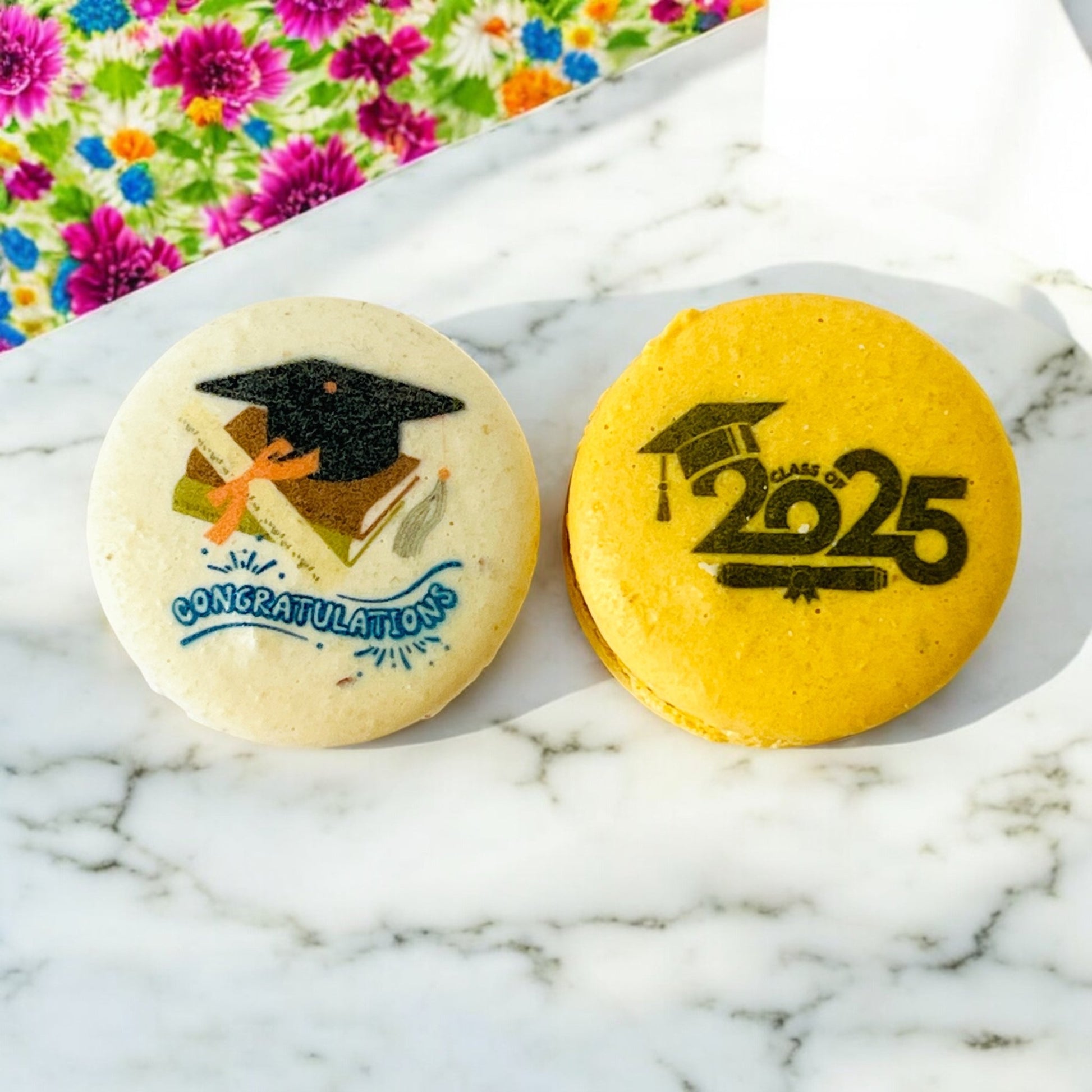 Class of 2025 French Macaron Box | Available in 6 & 12 Pack | Graduation Themed Macarons - Macaron CentraleGraduationsDefault flavors - Vanilla & Caramel6 Pack