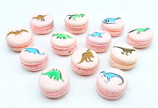 Dinosaur French Macaron Set (12 Pack) | Great addition to your dessert table with Jurassic theme party - Macaron CentraleBrown + BlackLight Pink Raspberry