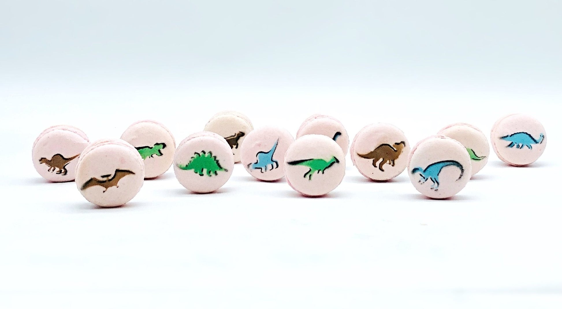 Dinosaur French Macaron Set (12 Pack) | Great addition to your dessert table with Jurassic theme party - Macaron CentraleBrown + BlackLight Pink Raspberry