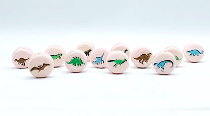 Dinosaur French Macaron Set (12 Pack) | Great addition to your dessert table with Jurassic theme party - Macaron CentraleBrown + BlackLight Pink Raspberry