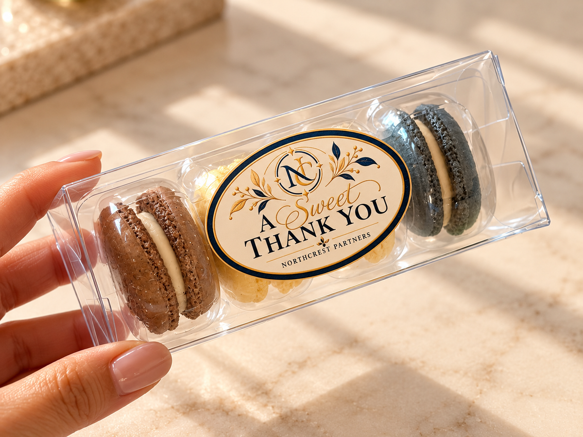 Personalized Corporate Macaron Favors 4 Pack | Custom Logo Business Gifts | Employee Appreciation & Client Thank You Gifts