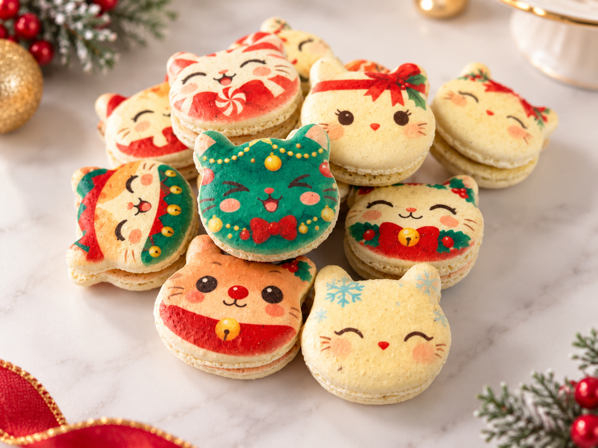 Meowgical Christmas Macarons | Cute Festive Cat-Shaped French Macaron Gift Box