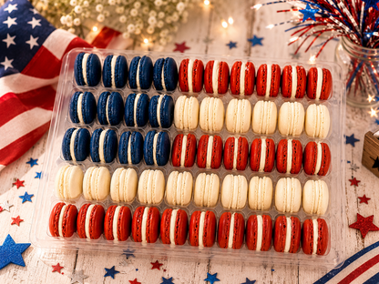 50 Pack Assorted French Macaron, The American Flag | Red, Navy Blue & White