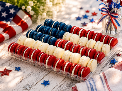 50 Pack Assorted French Macaron, The American Flag | Red, Navy Blue & White