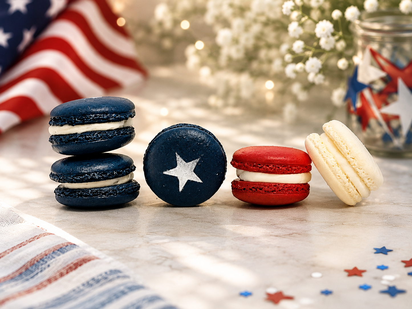 50 Pack Assorted French Macaron, The American Flag | Red, Navy Blue & White