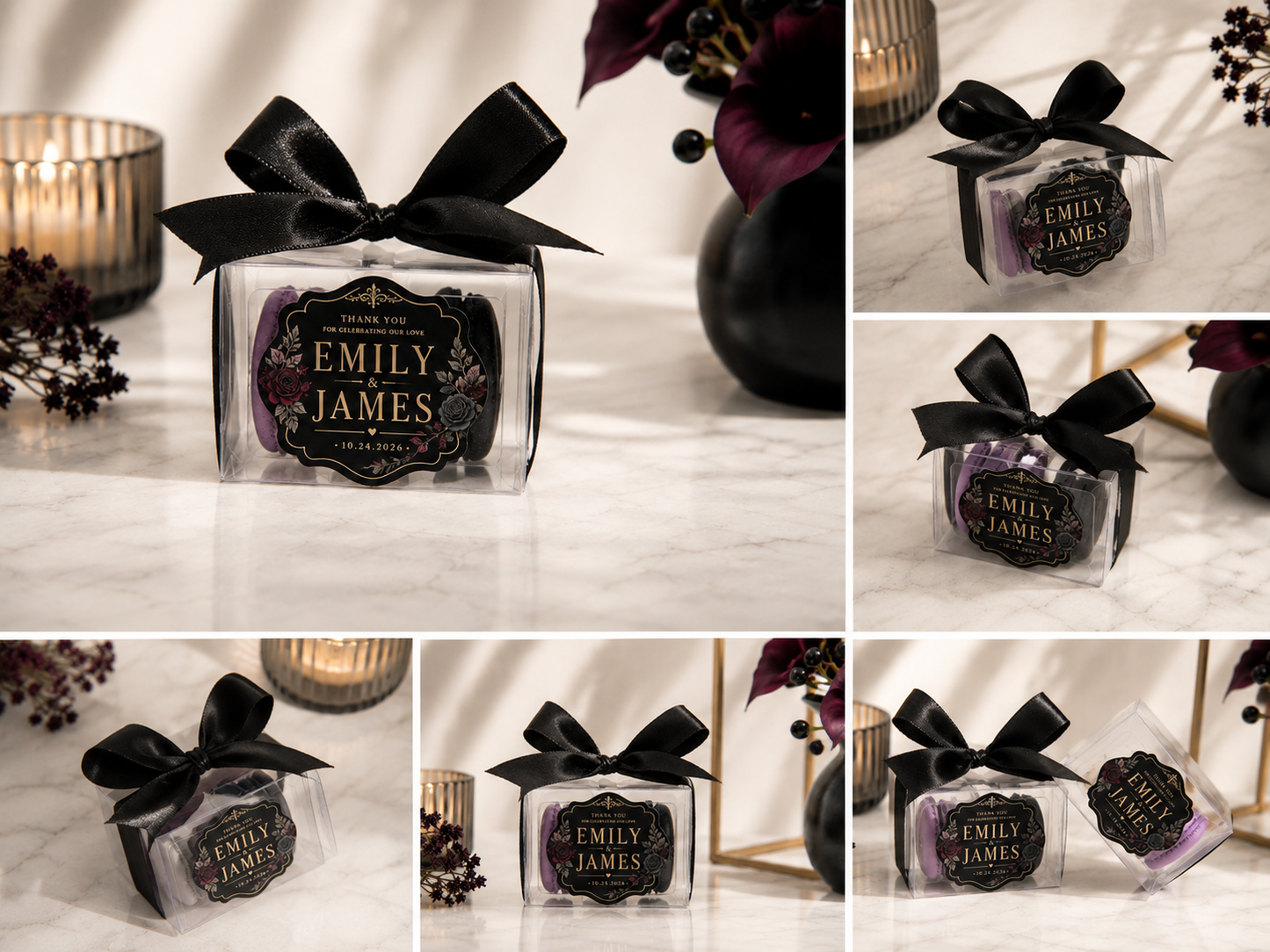 Gothic Wedding Favor Macarons | Personalized Black & Gold Wedding Favors | Dark Romance Bridal Shower | 2 Pack French Macarons
