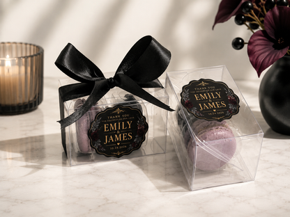 Gothic Wedding Favor Macarons | Personalized Black & Gold Wedding Favors | Dark Romance Bridal Shower | 2 Pack French Macarons