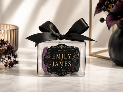 Gothic Wedding Favor Macarons | Personalized Black & Gold Wedding Favors | Dark Romance Bridal Shower | 2 Pack French Macarons