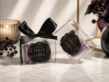 Gothic Wedding Favor Macarons | Personalized Black & Gold Wedding Favors | Dark Romance Bridal Shower | 2 Pack French Macarons