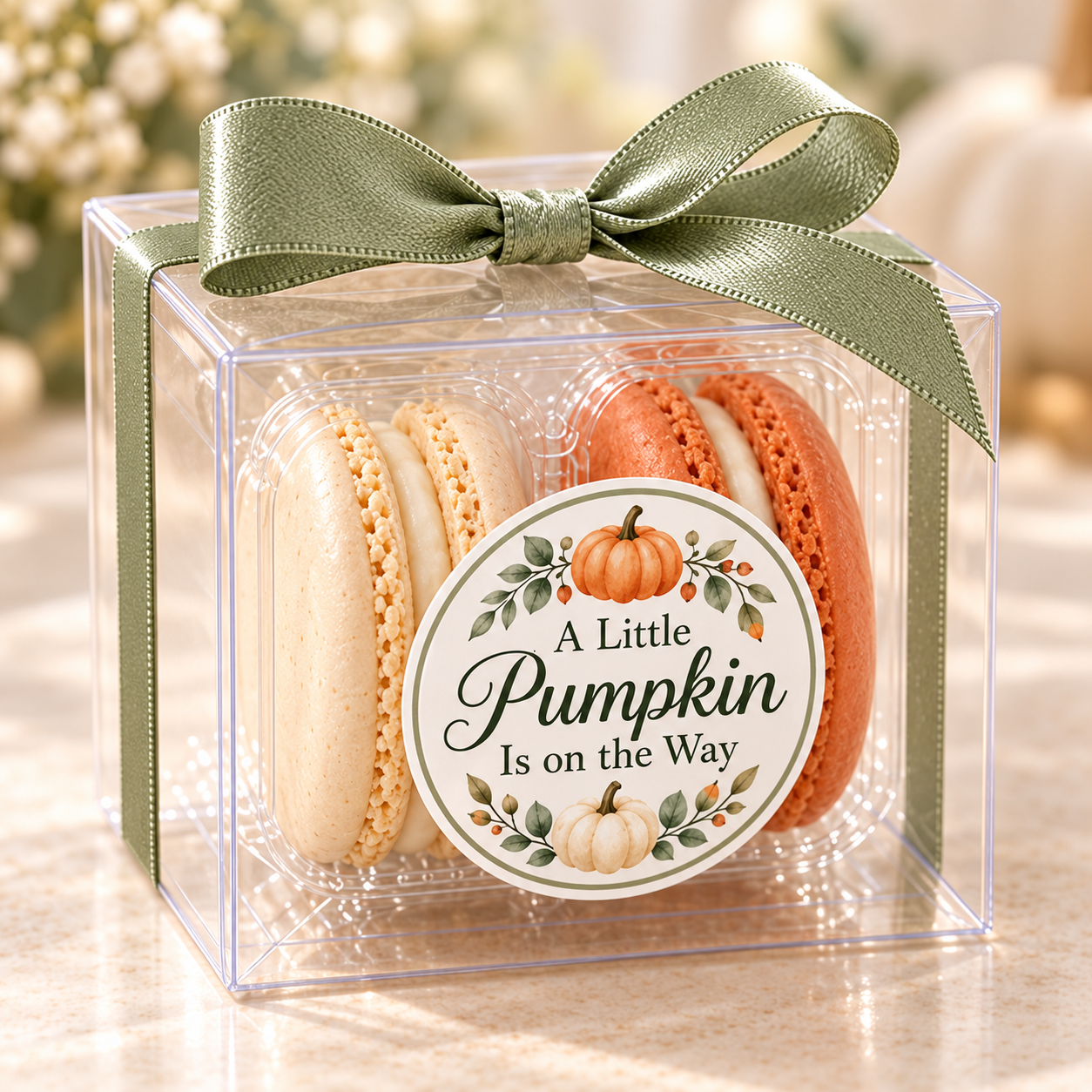 Little Pumpkin Baby Shower Macaron Favors, Personalized 2-Macaron Gift Boxes