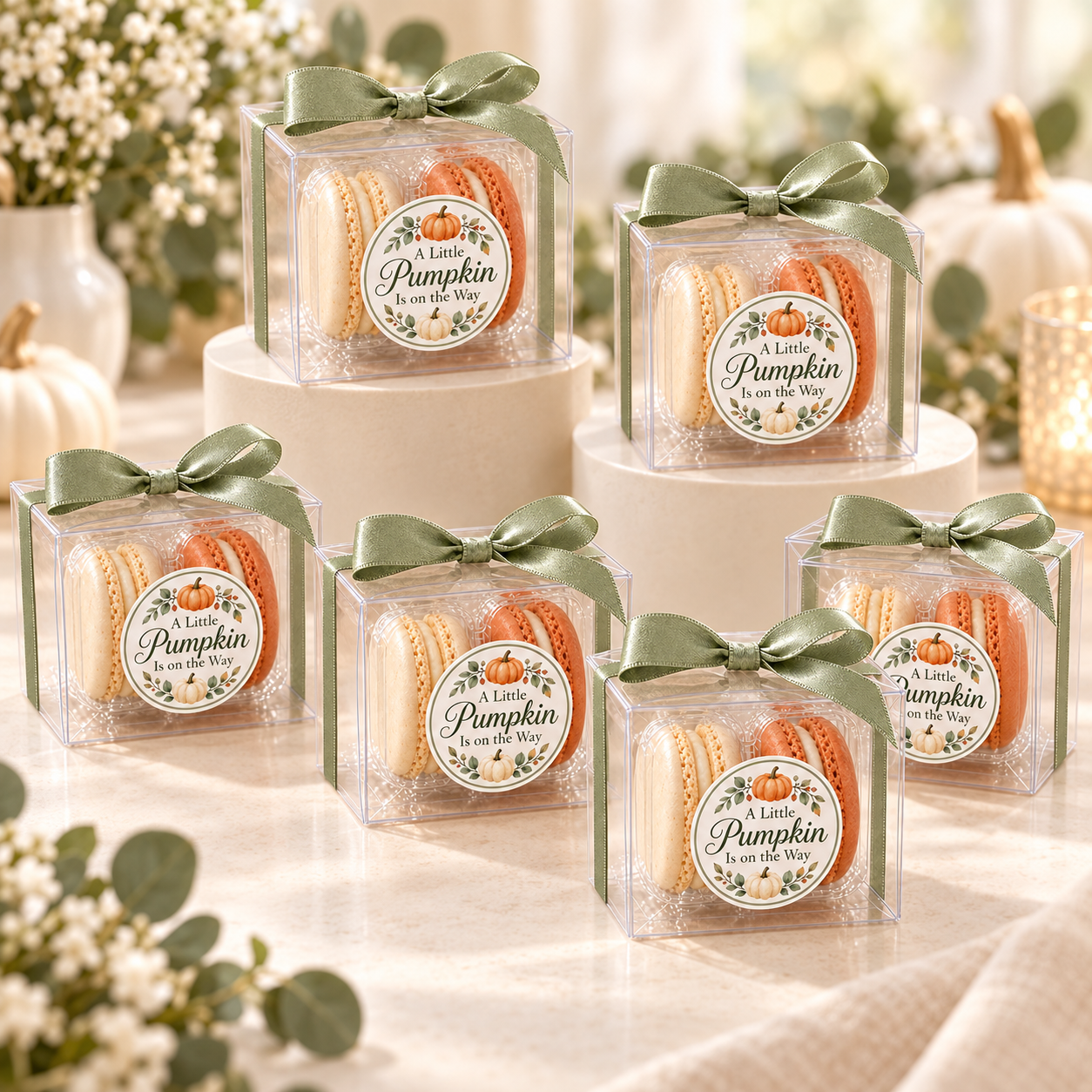 Little Pumpkin Baby Shower Macaron Favors, Personalized 2-Macaron Gift Boxes