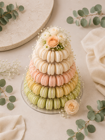 Pastel Macaron Tower for Weddings | French Macaron Dessert Display | Wedding Centerpiece | Bridal Shower Dessert Table