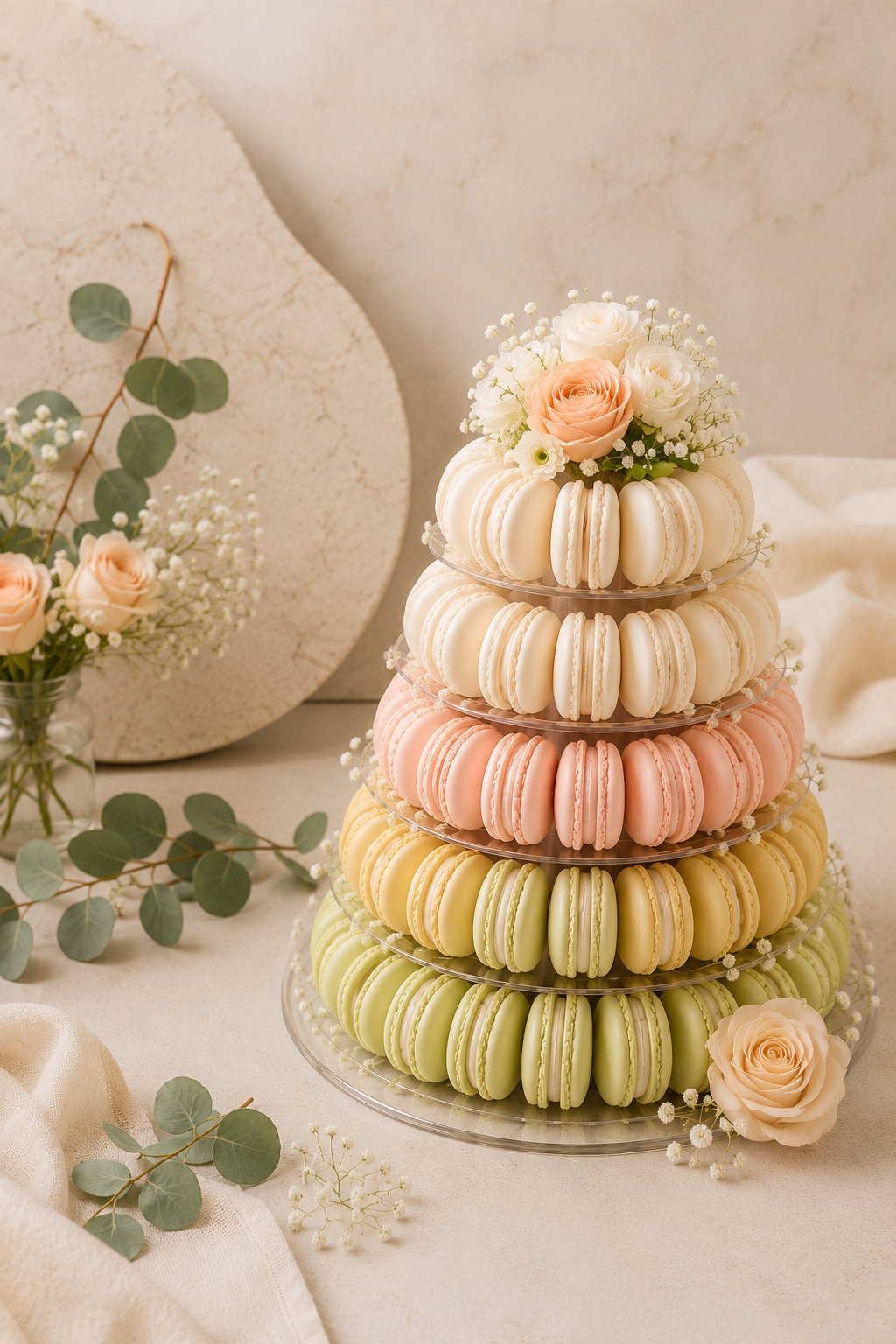 Pastel Macaron Tower for Weddings | French Macaron Dessert Display | Wedding Centerpiece | Bridal Shower Dessert Table