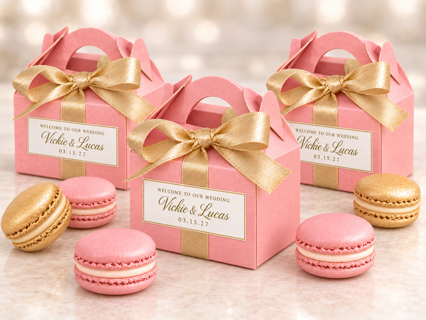 Personalized Pink and Gold Wedding Macaron Favor