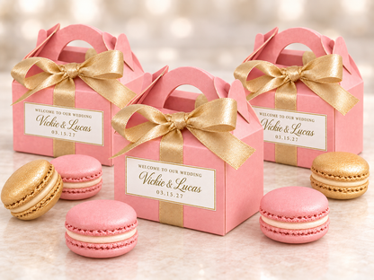Personalized Pink and Gold Wedding Macaron Favor
