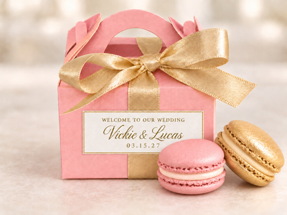 Personalized Pink and Gold Wedding Macaron Favor