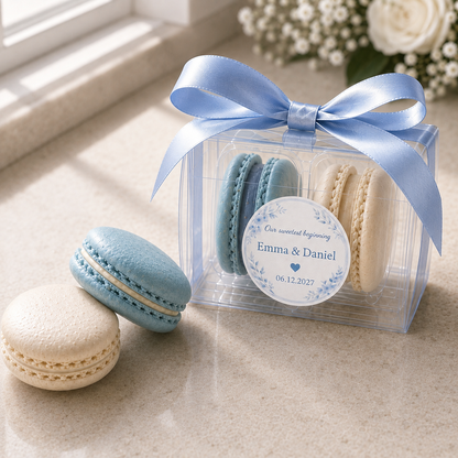 Something Blue Macaron Favors | Dusty Blue & Ivory Personalized Wedding Favor