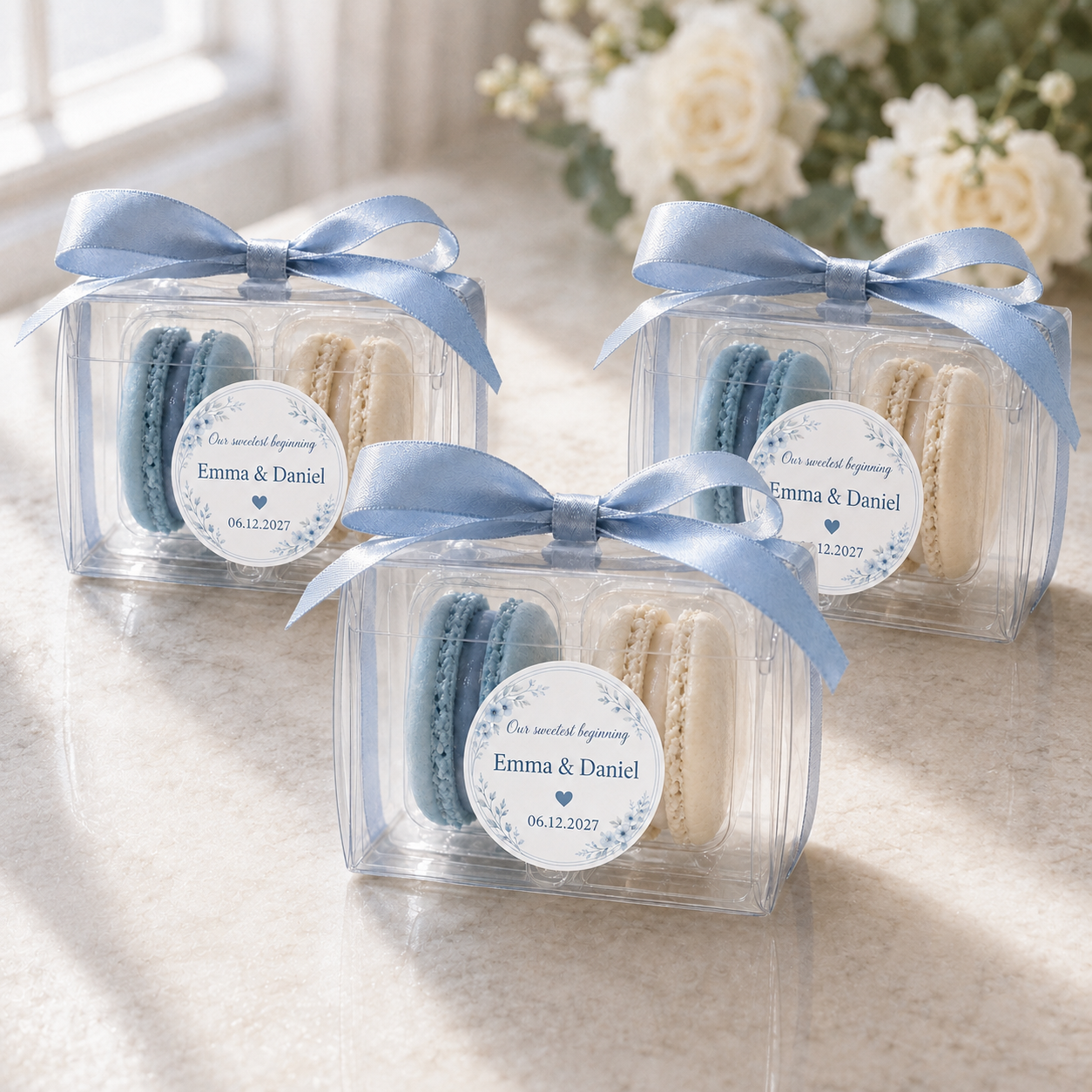 Something Blue Macaron Favors | Dusty Blue & Ivory Personalized Wedding Favor