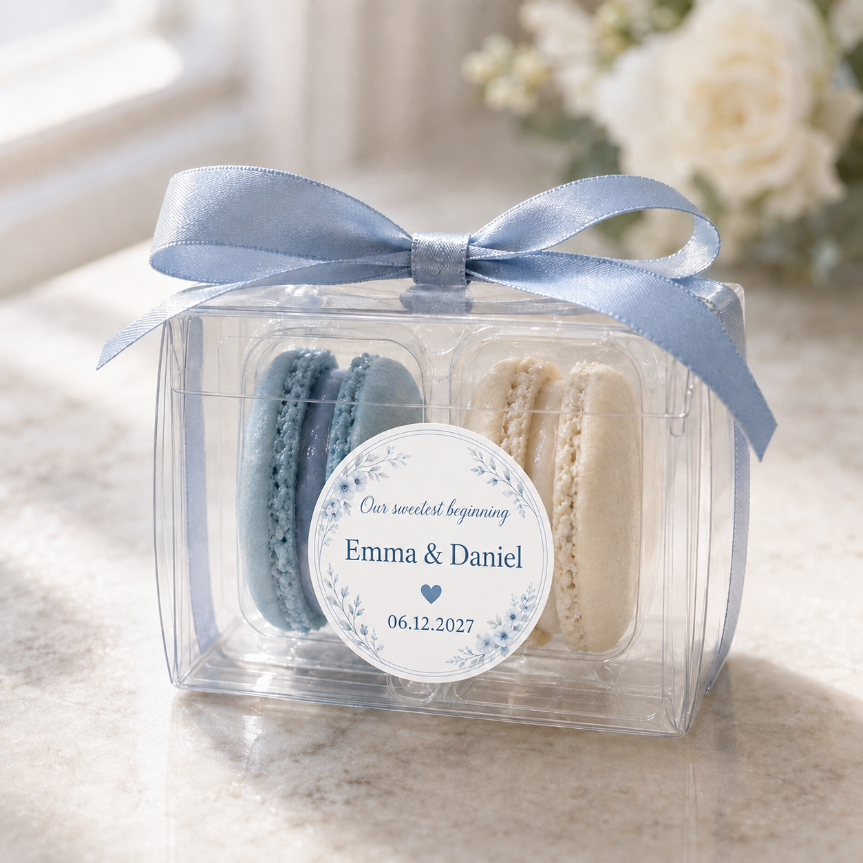 Something Blue Macaron Favors | Dusty Blue & Ivory Personalized Wedding Favor