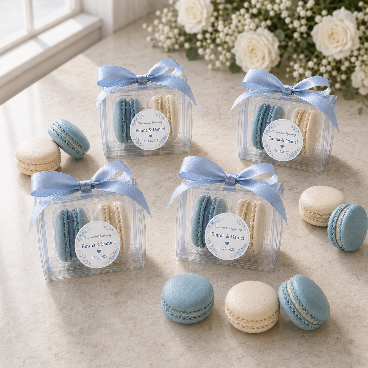 Something Blue Macaron Favors | Dusty Blue & Ivory Personalized Wedding Favor