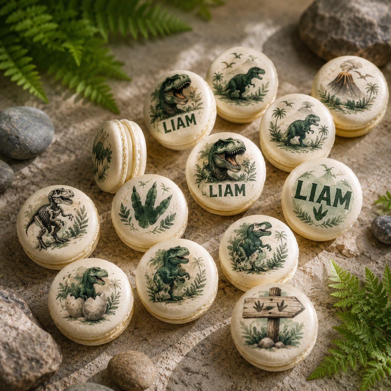 Tiny T-Rex Adventures – Personalized Dinosaur French Macarons