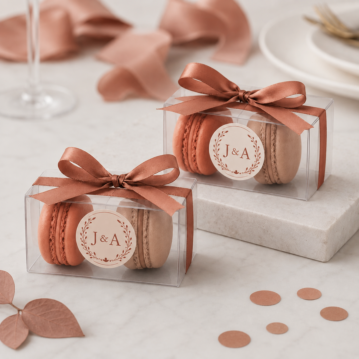 Terracotta Whisper | Personalized Wedding Macaron Favors