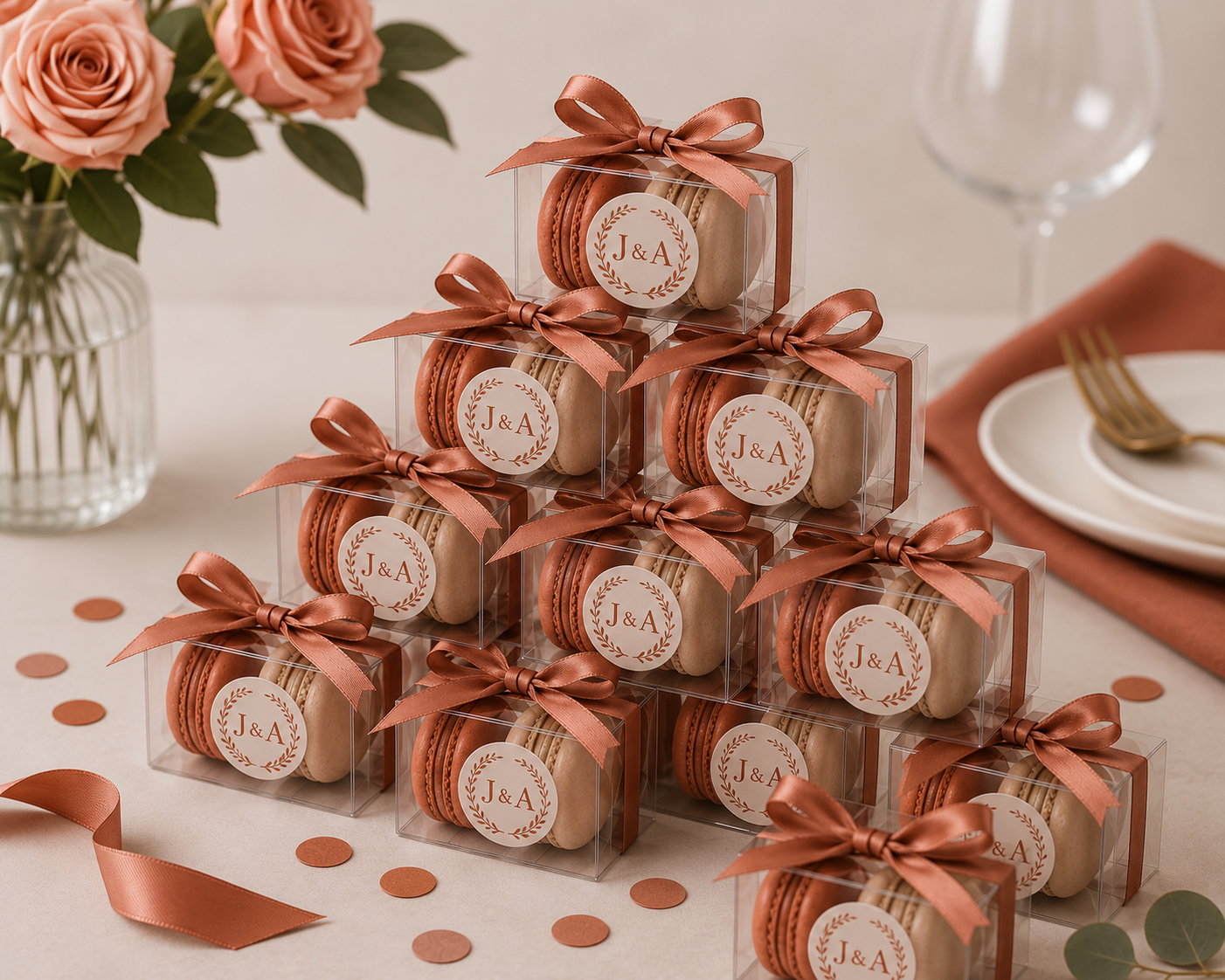 Terracotta Whisper | Personalized Wedding Macaron Favors