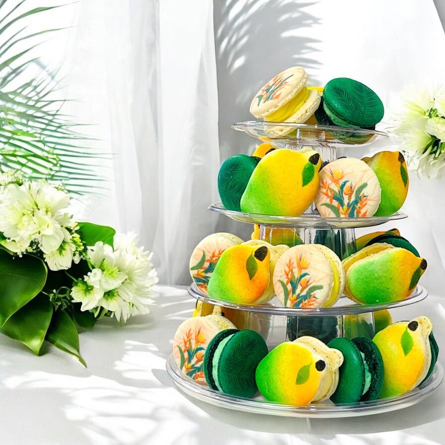 The Ultimate Mango Dessert Tower – Sweet & Stylish! - Macaron Tower Included - Macaron CentraleMango Cream Cheese | Coconut Passion Fruit | Tamarind Pineapple3 Tiers