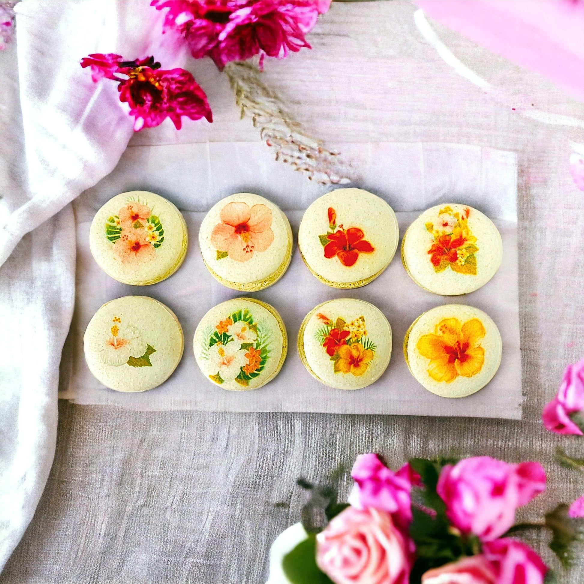 Tropical Flowers Vegan French Macarons | Available in 4, 12 & 24 Pack - Macaron Centrale4 Pack