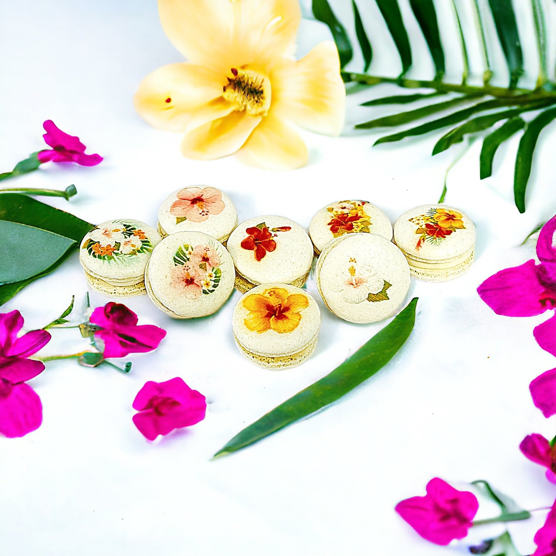 Tropical Flowers Vegan French Macarons | Available in 4, 12 & 24 Pack - Macaron Centrale4 Pack