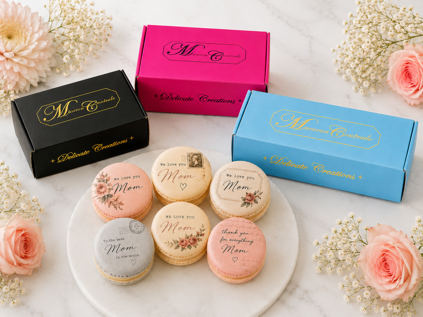 We Love You Mom Post Card Style French Macarons